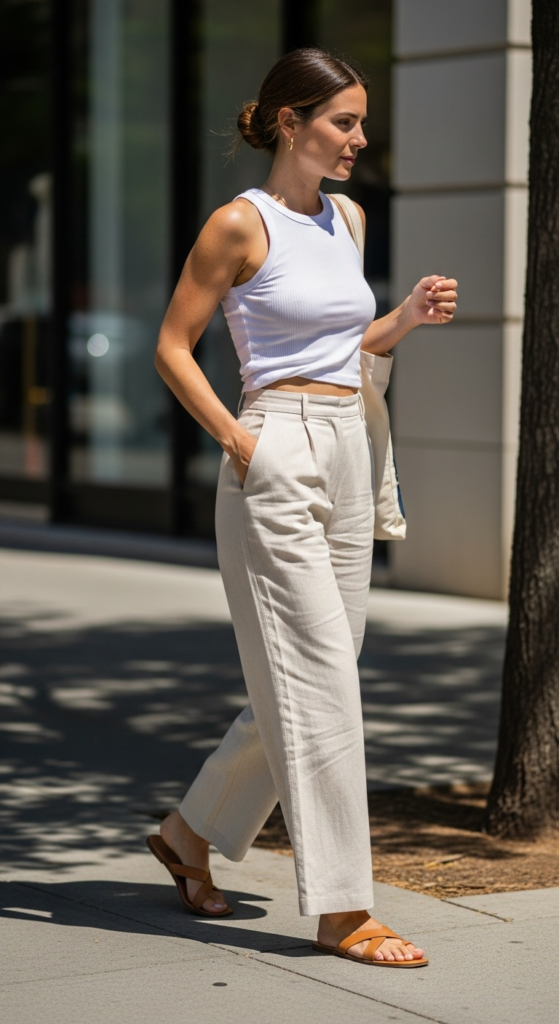 Summer street style outfits for women featuring oatmeal linen wide-leg trousers, a white ribbed tank, flat tan sandals, and a canvas tote on a sunny city sidewalk.