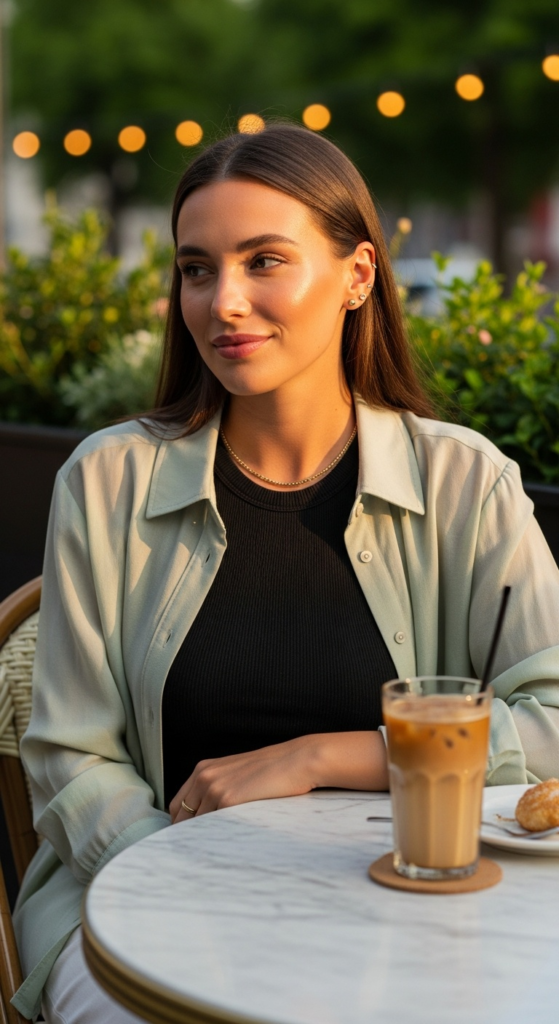 Summer street style outfits for women with a pale sage sheer button-down layered over a black tank at an outdoor café in golden-hour light.