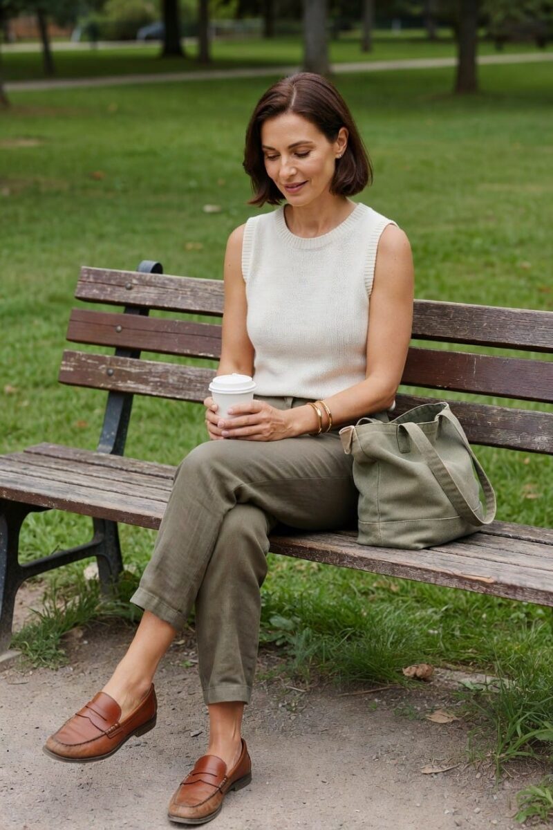 Woman in a beige linen short-sleeve top and matching straight-leg trousers with braided leather sandals walking on an urban sidewalk.