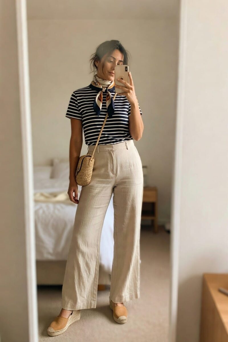 Woman in a beige-striped long-sleeve top and navy tailored bermuda shorts with brown sandals and a matching beige canvas tote on wooden steps near a dock.
