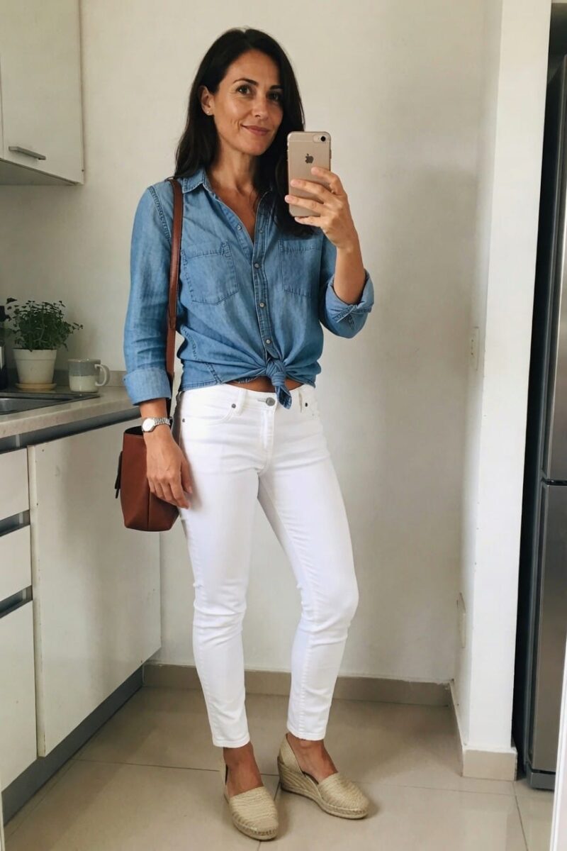 Woman in a chambray denim shirt knotted at the waist over a white linen midi A-line skirt with brown crossbody bag and cross-strap sandals.