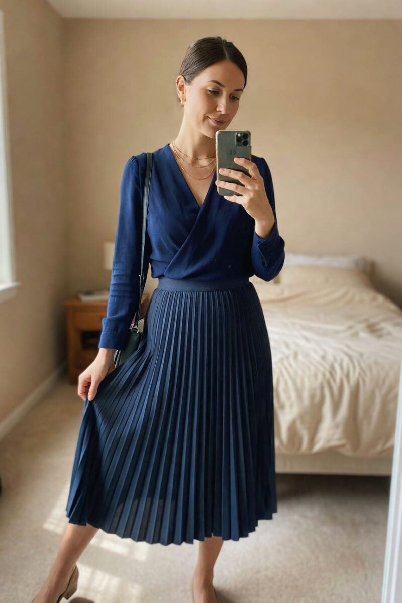 Woman in a soft beige wrap blouse and slim matching trousers with nude pointed heels taking a mirror selfie.