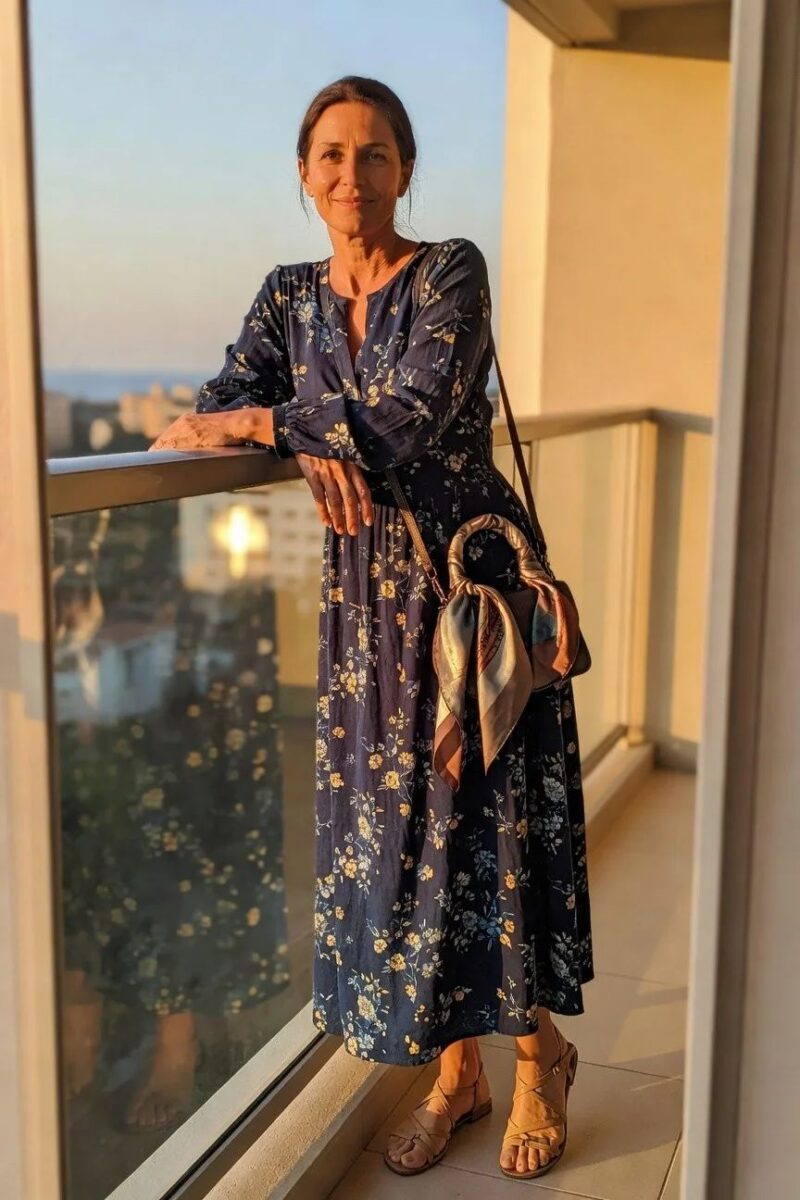 navy floral maxi dress with strappy sandals