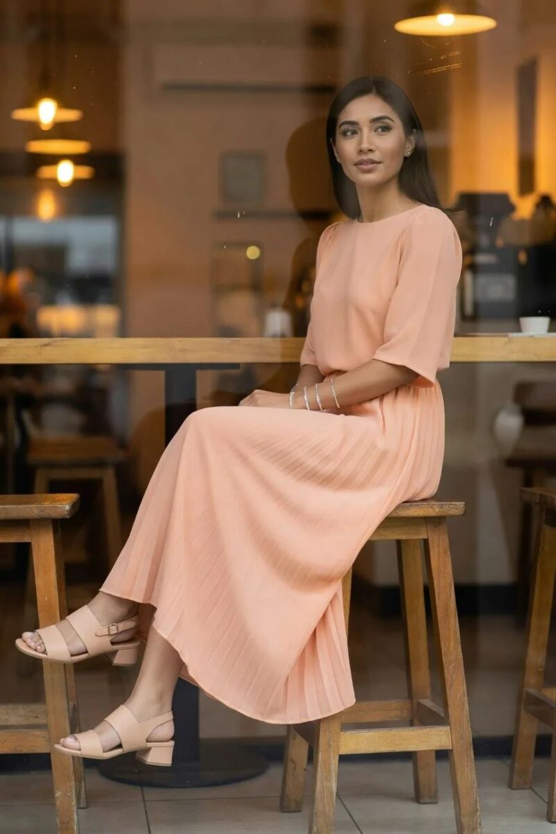 peach maxi dress with neutral sandals