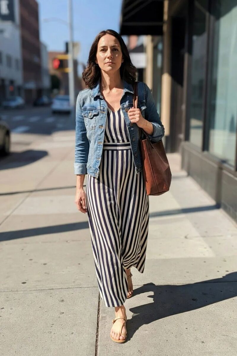 denim jacket over striped maxi dress