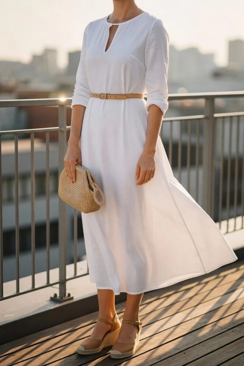 white maxi dress with belt and wedges