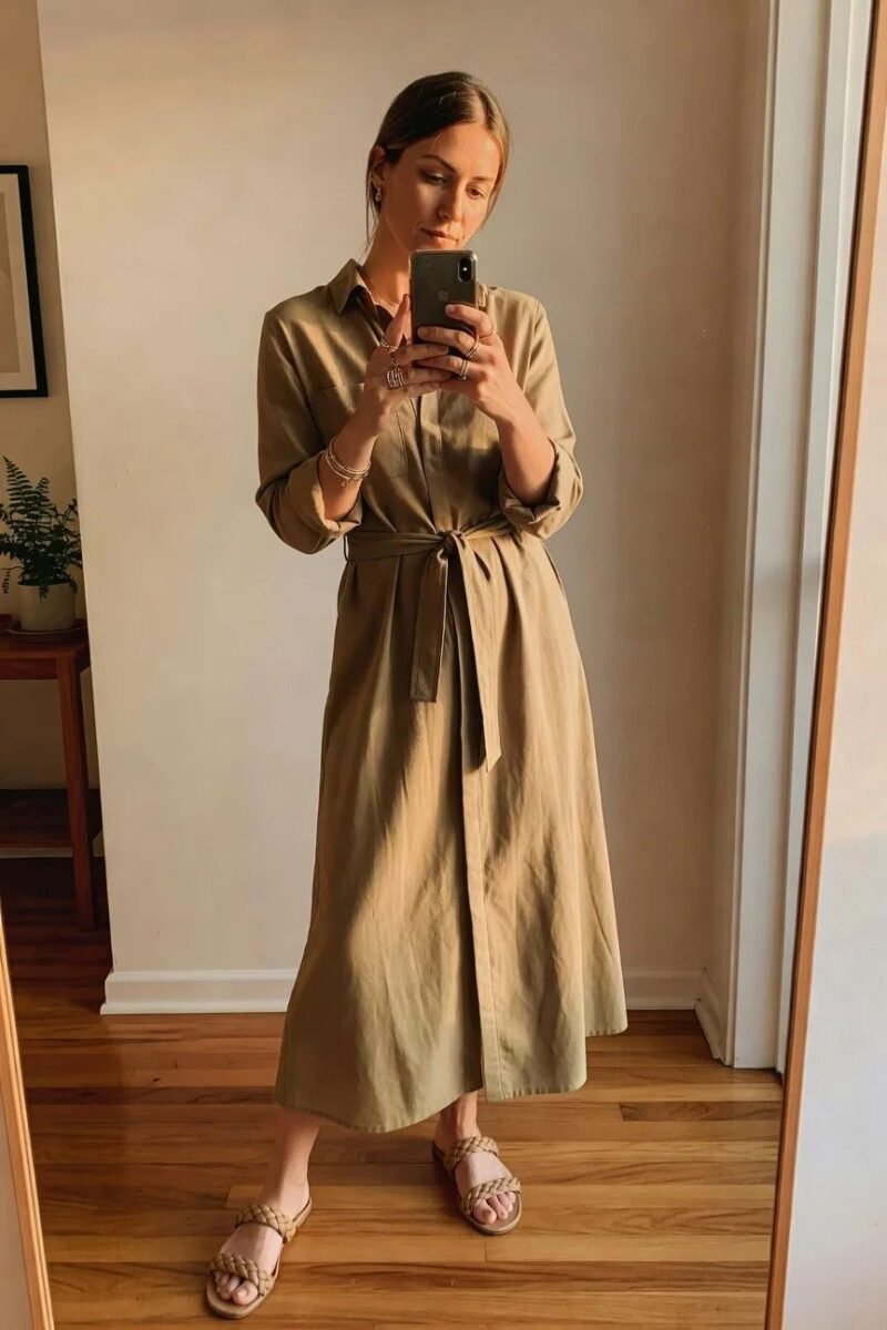 belted shirt dress maxi in neutral shade