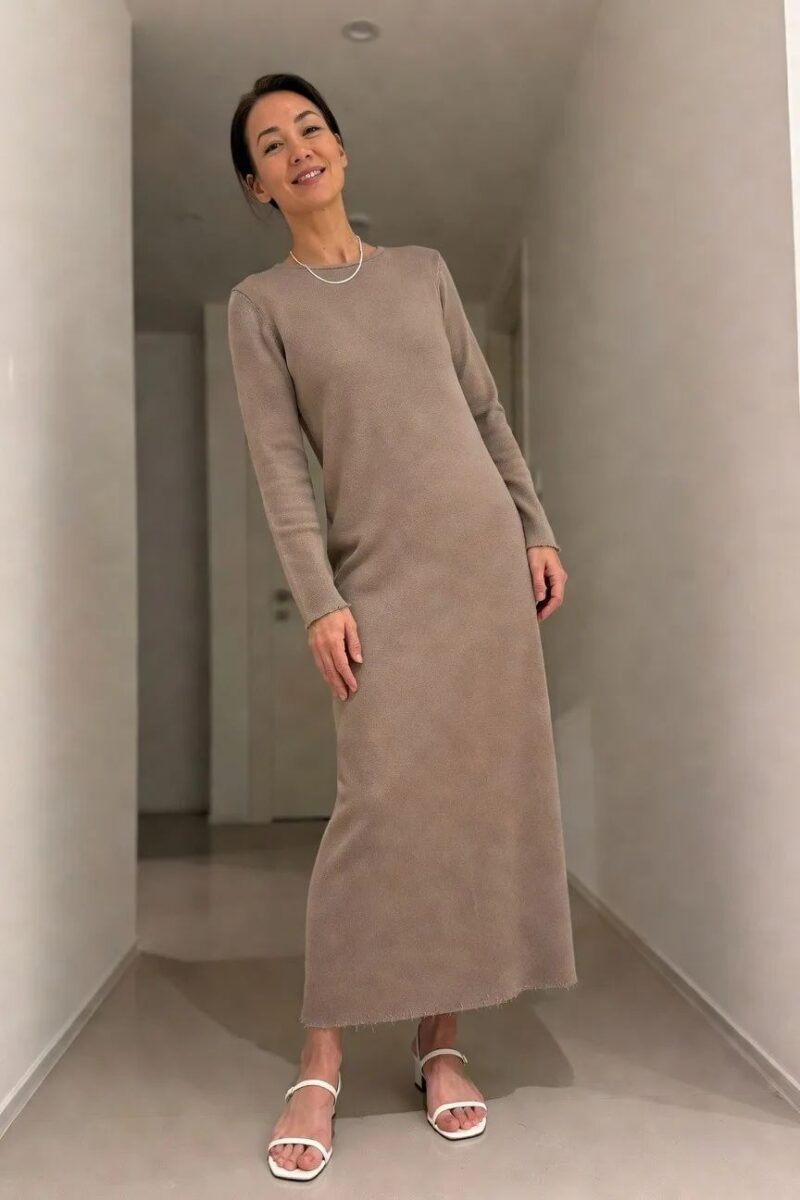 taupe maxi dress with white sandals
