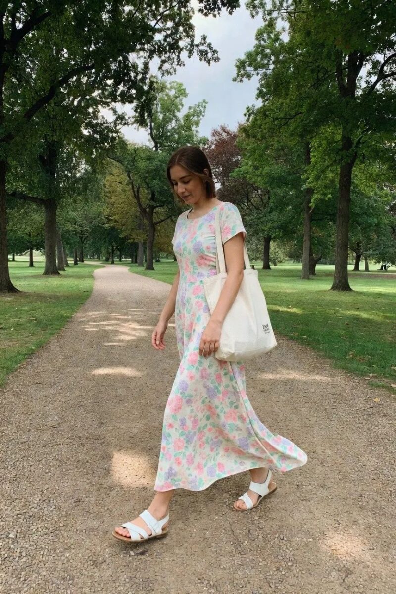 floral maxi dress with canvas tote