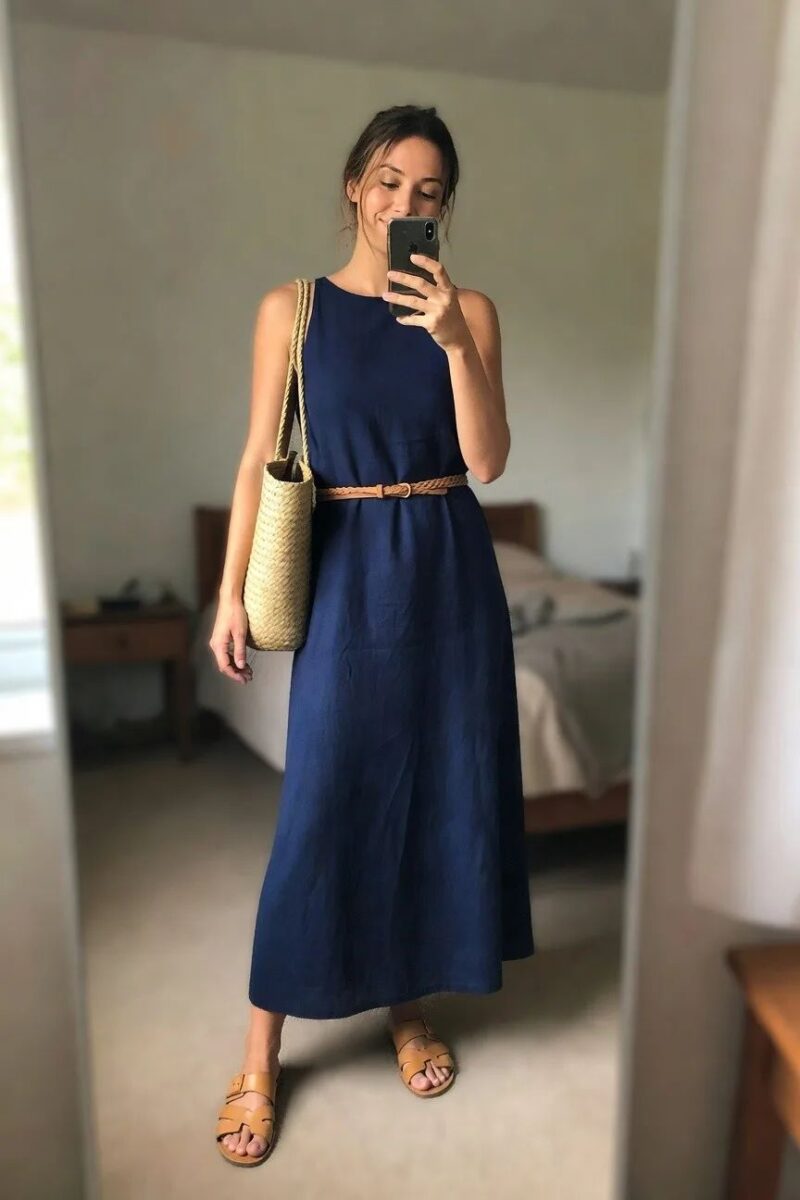 navy linen maxi with braided belt