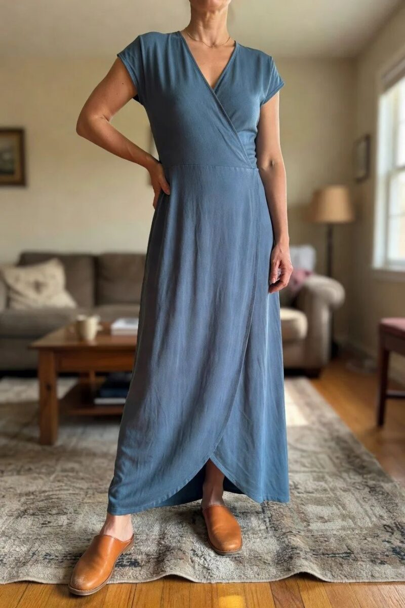 blue wrap maxi with simple slip ons