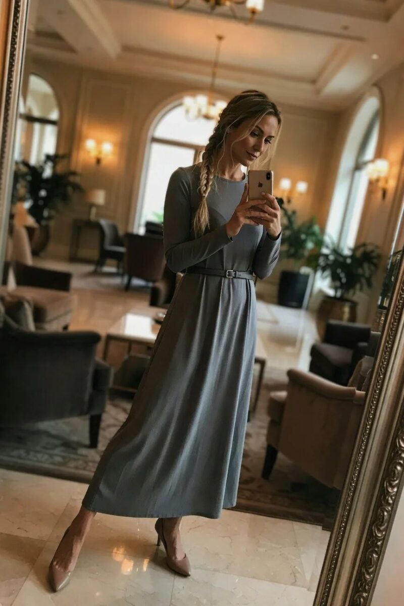 gray maxi dress with a slim belt