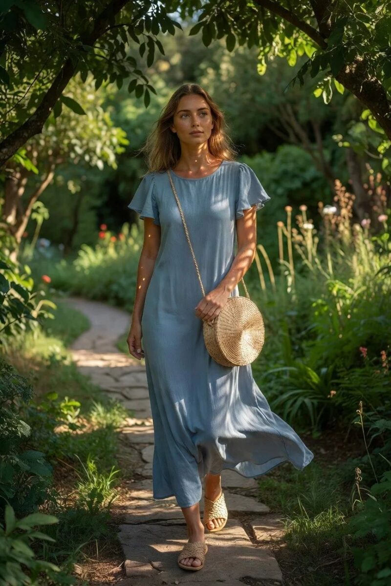 soft blue maxi dress with woven accessories
