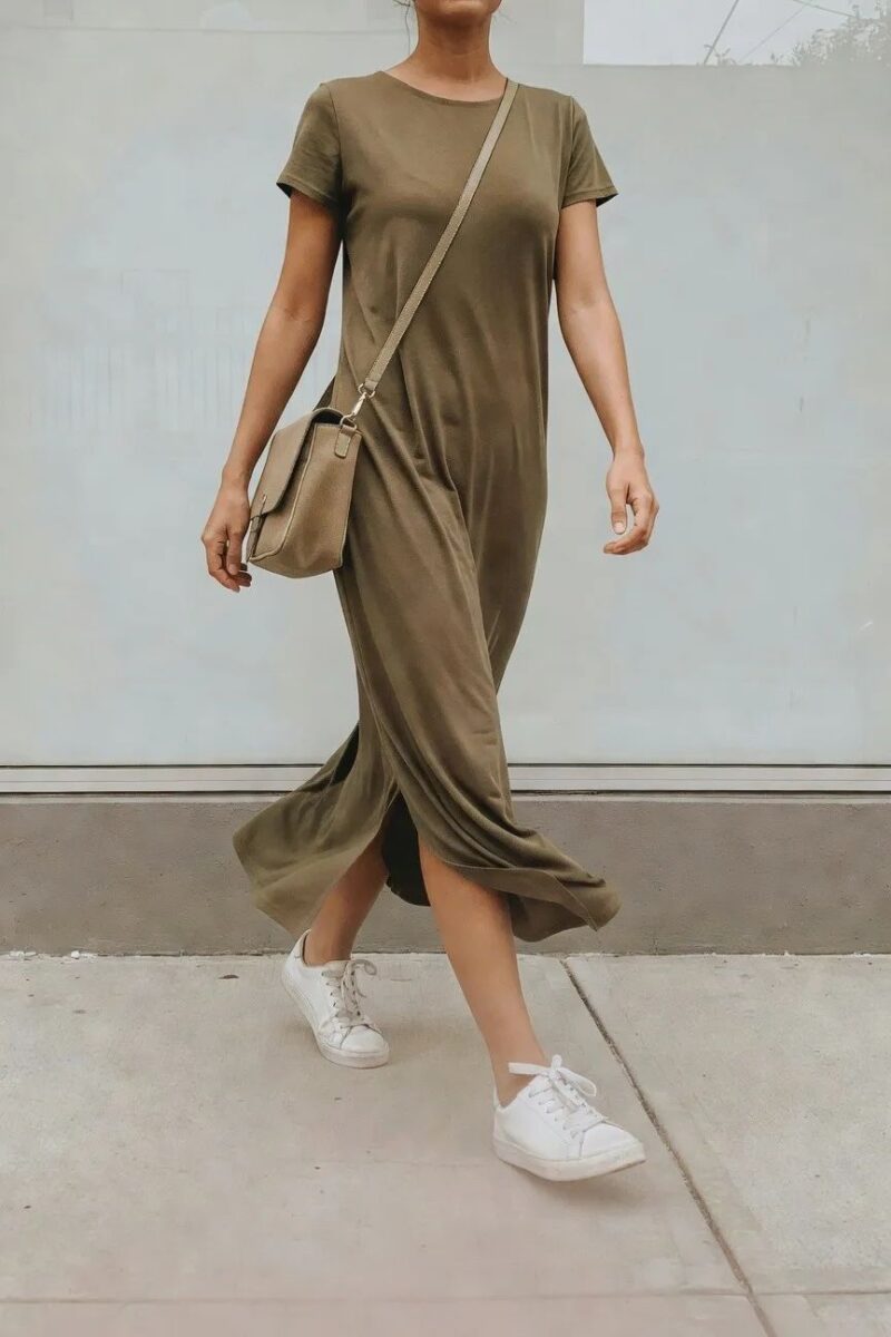 olive maxi dress with white sneakers