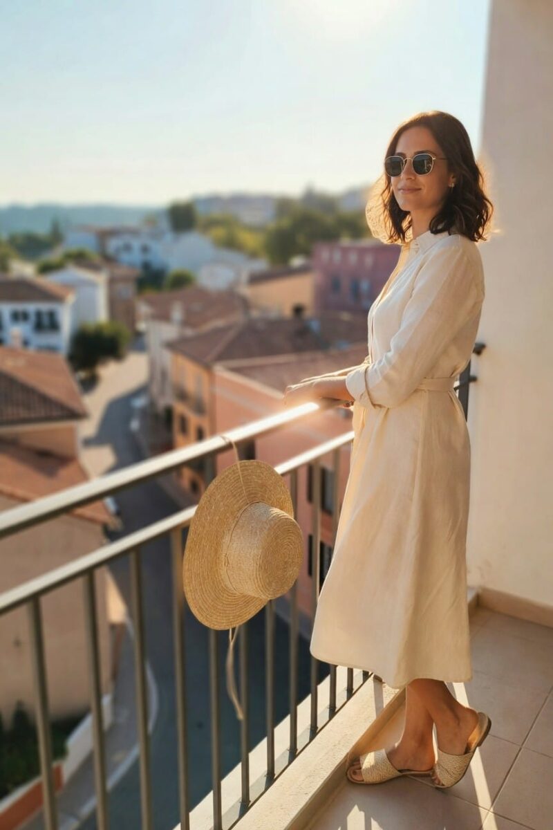button front linen dress with belted waist