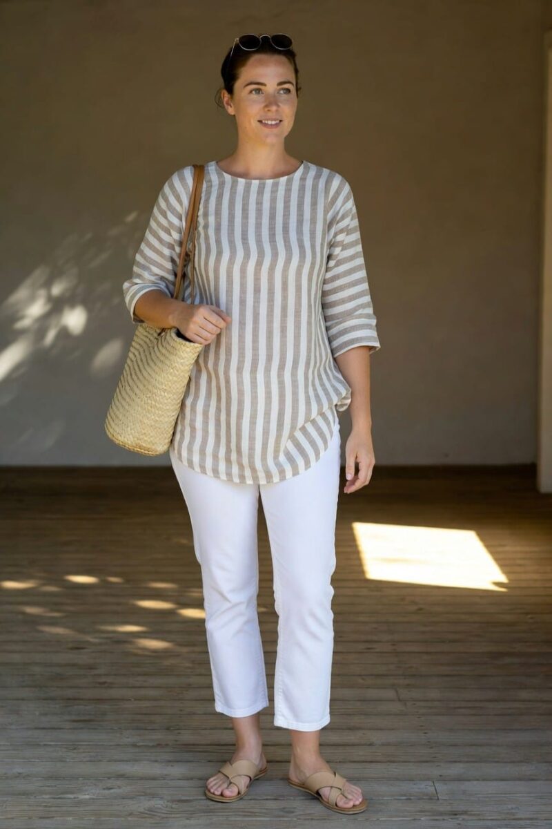 striped linen top with white cropped pants