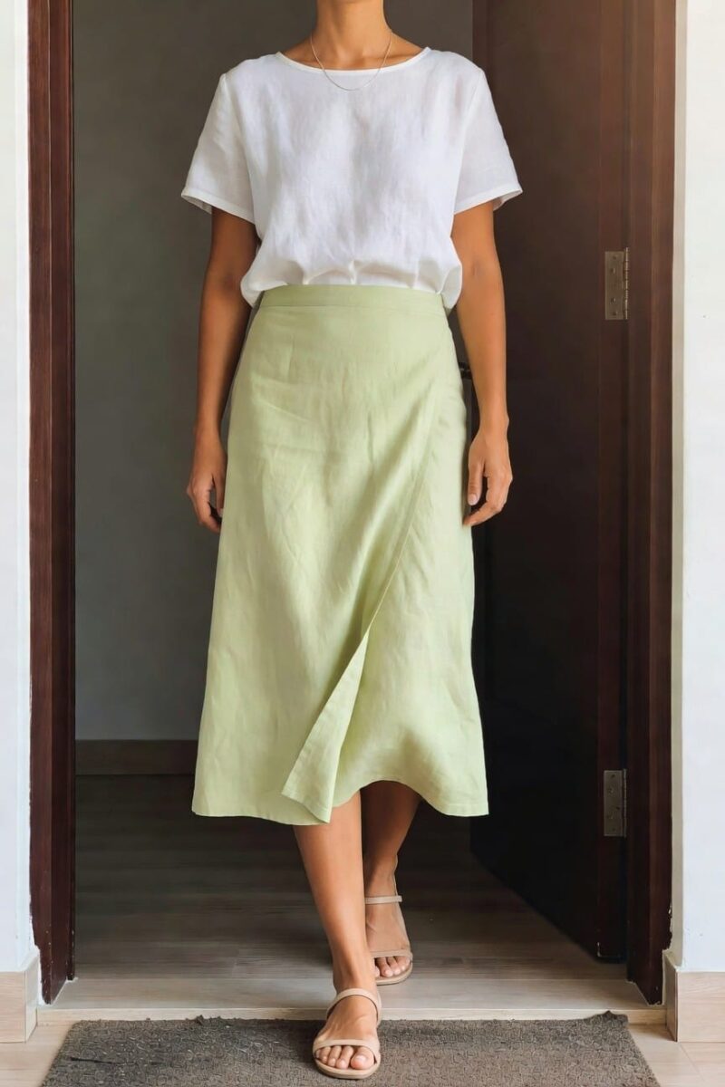white linen top with soft green wrap skirt