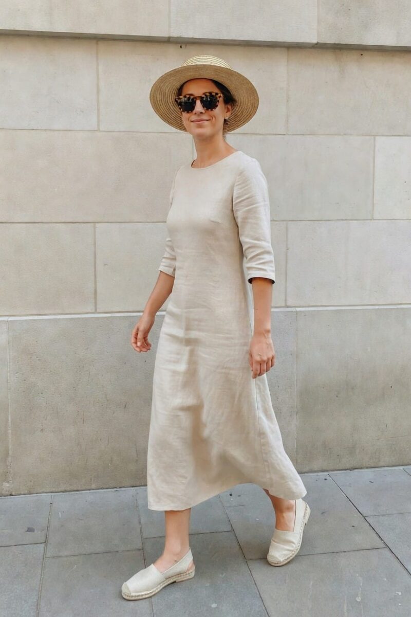 cream linen midi dress with espadrilles