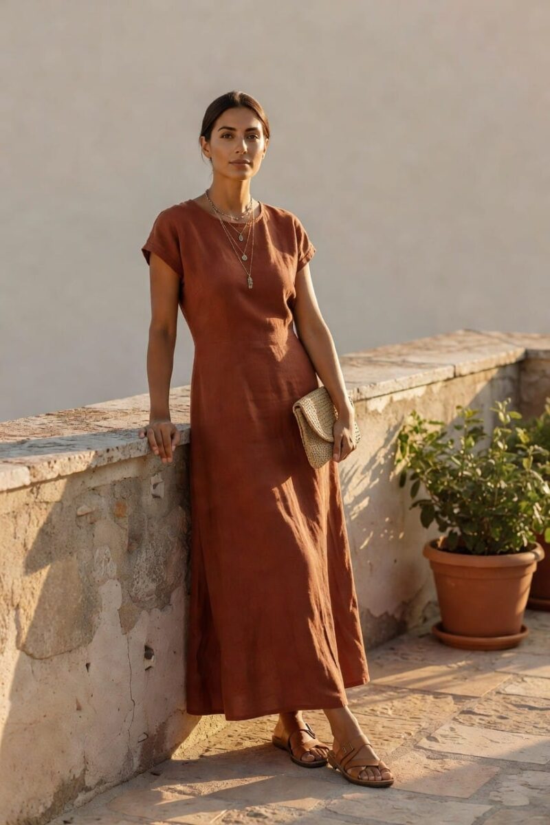 terracotta linen midi dress