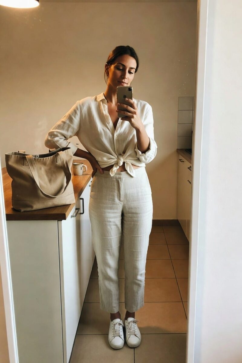 white linen shirt and matching pants