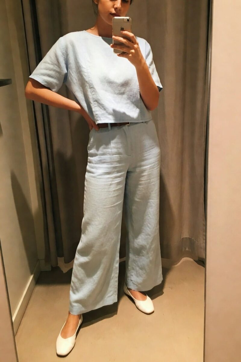 light blue linen top with wide pants