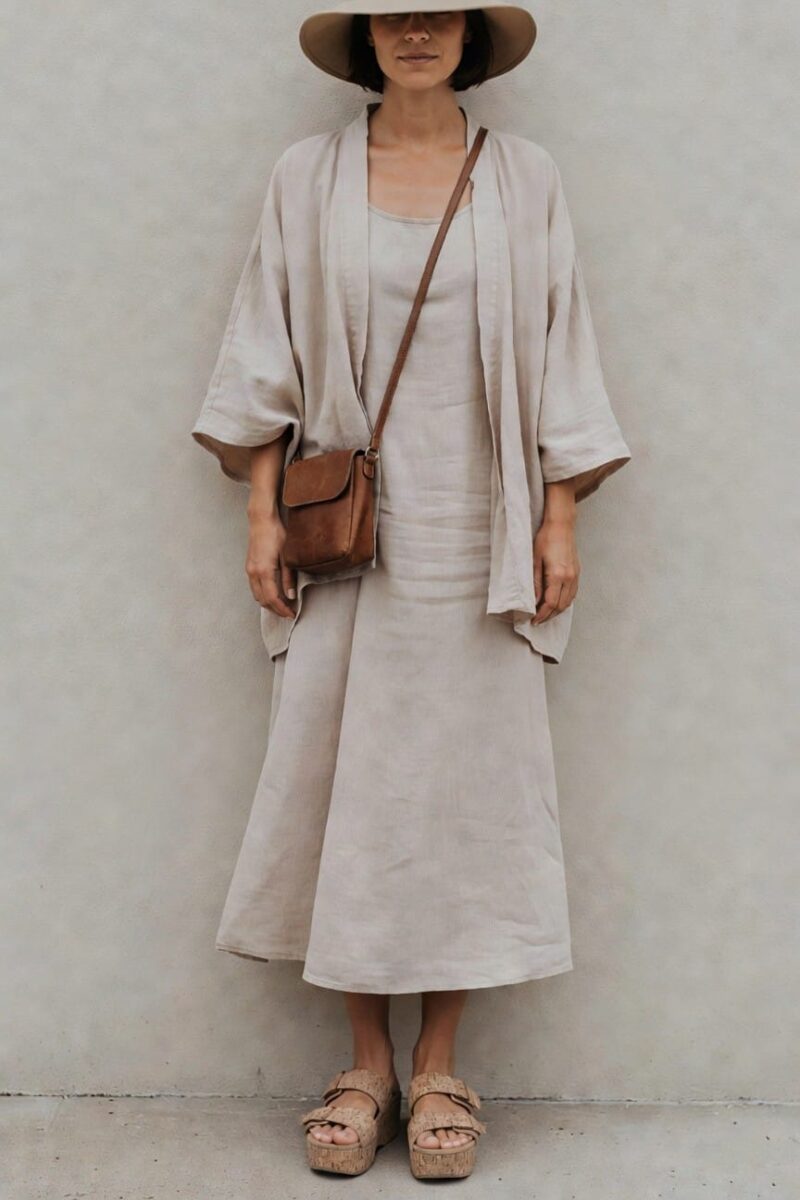 linen dress with open kimono layer
