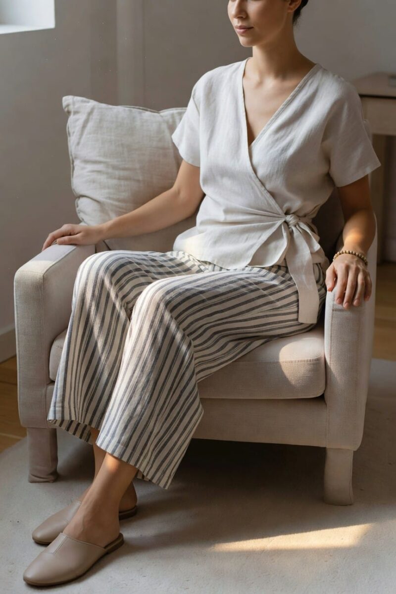 linen wrap top with wide striped pants