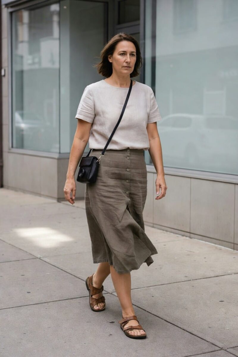 beige linen top and olive skirt