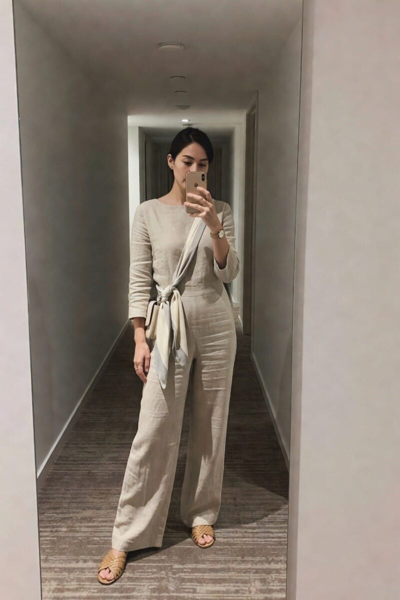 linen jumpsuit with tied neutral scarf