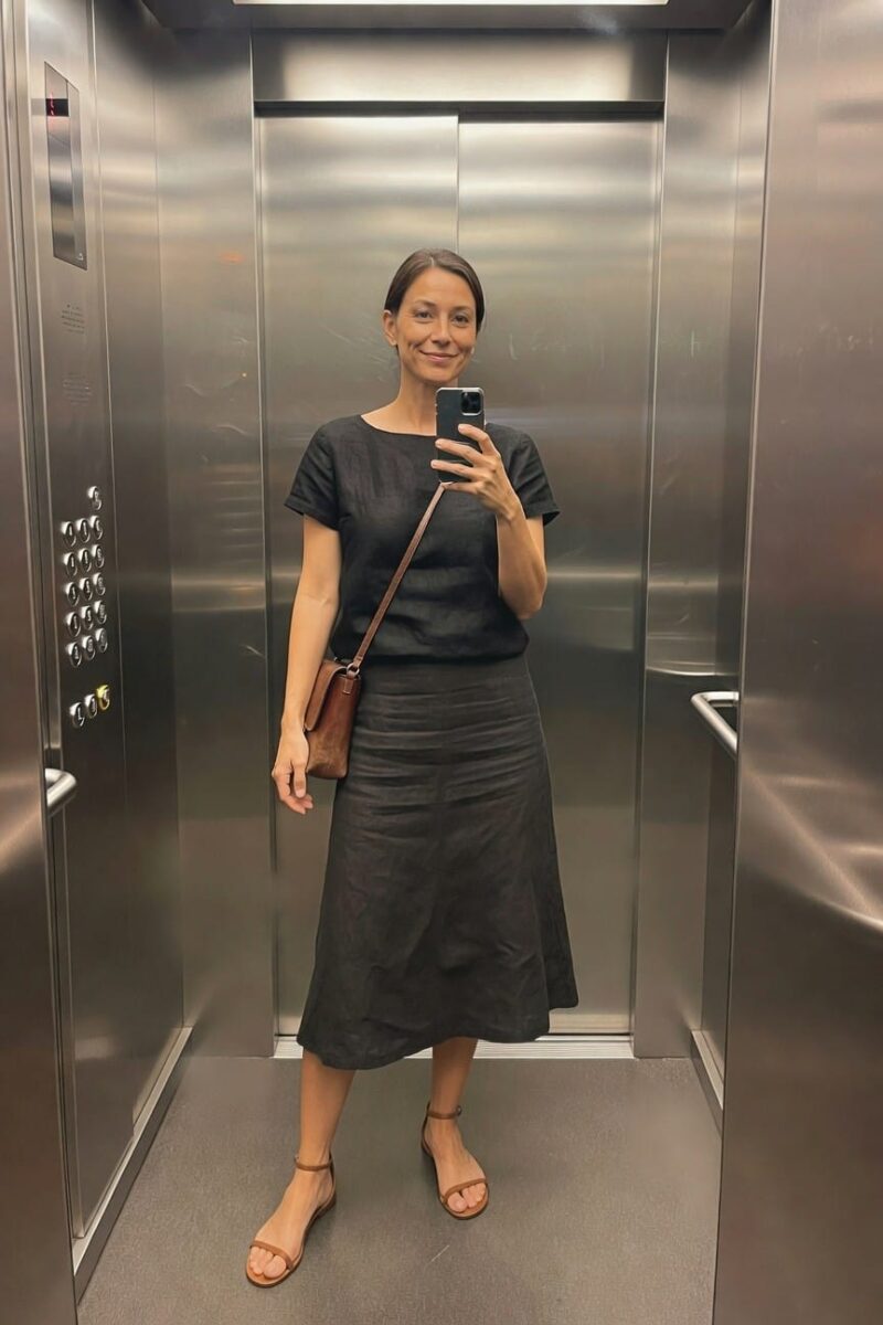 black linen top and skirt set