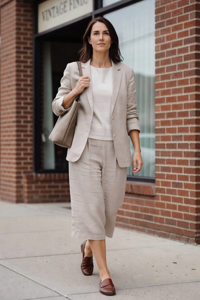 linen blazer with matching midi pants