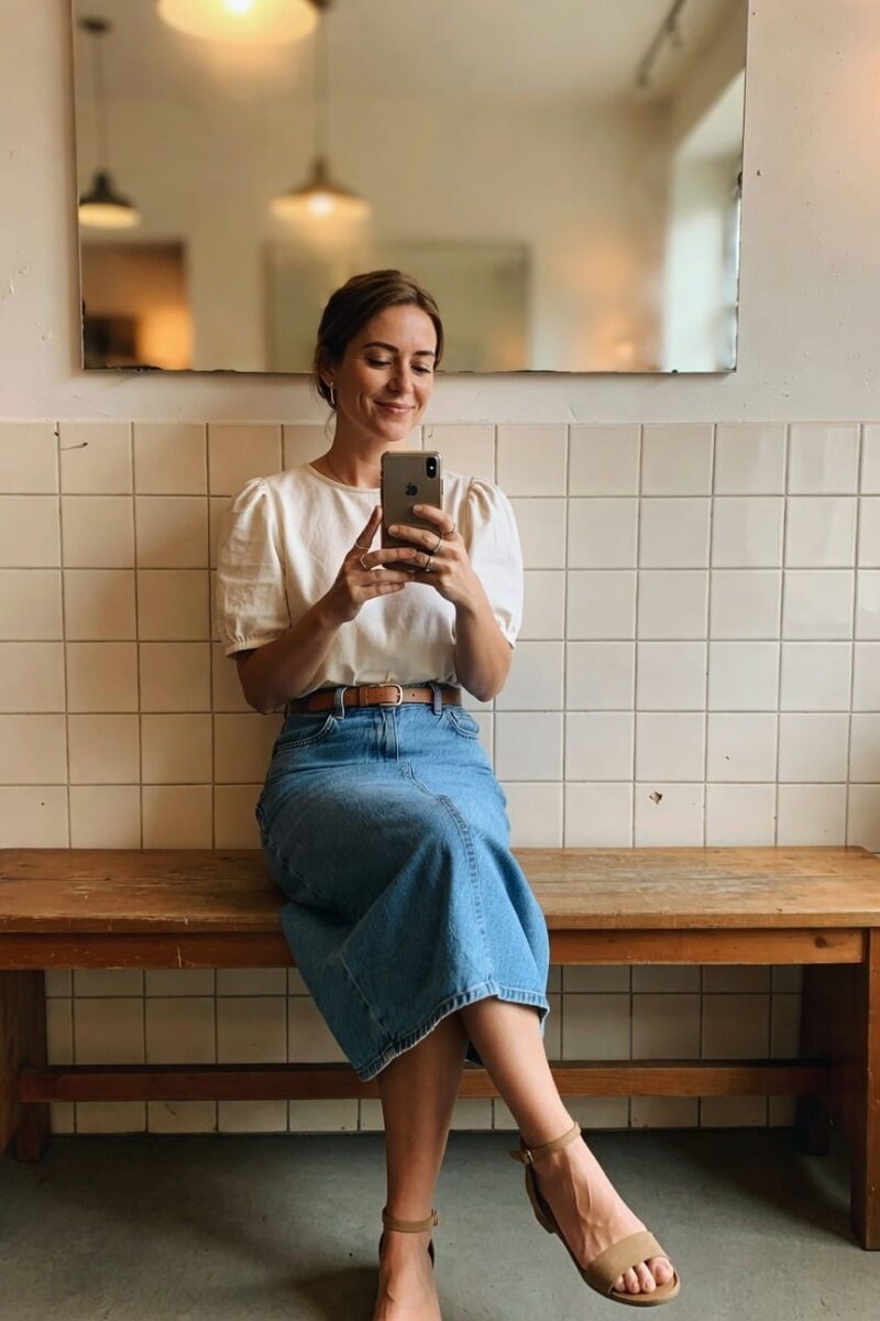 puff sleeve blouse with a denim midi skirt