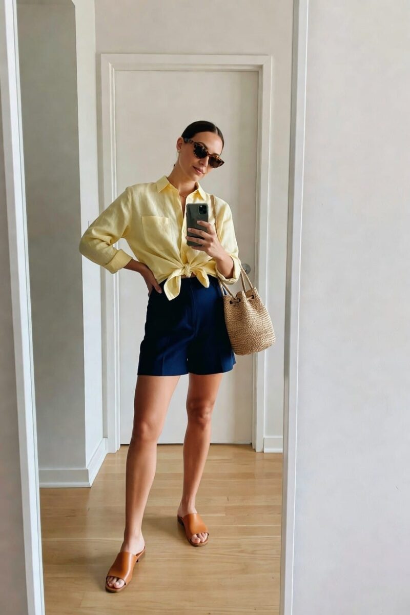yellow button-down tied over navy shorts