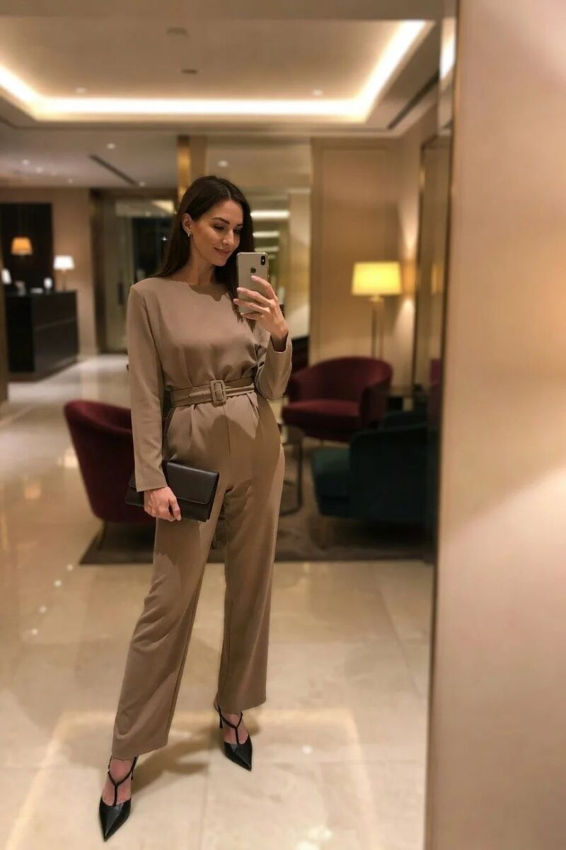 belted beige jumpsuit with strappy heels