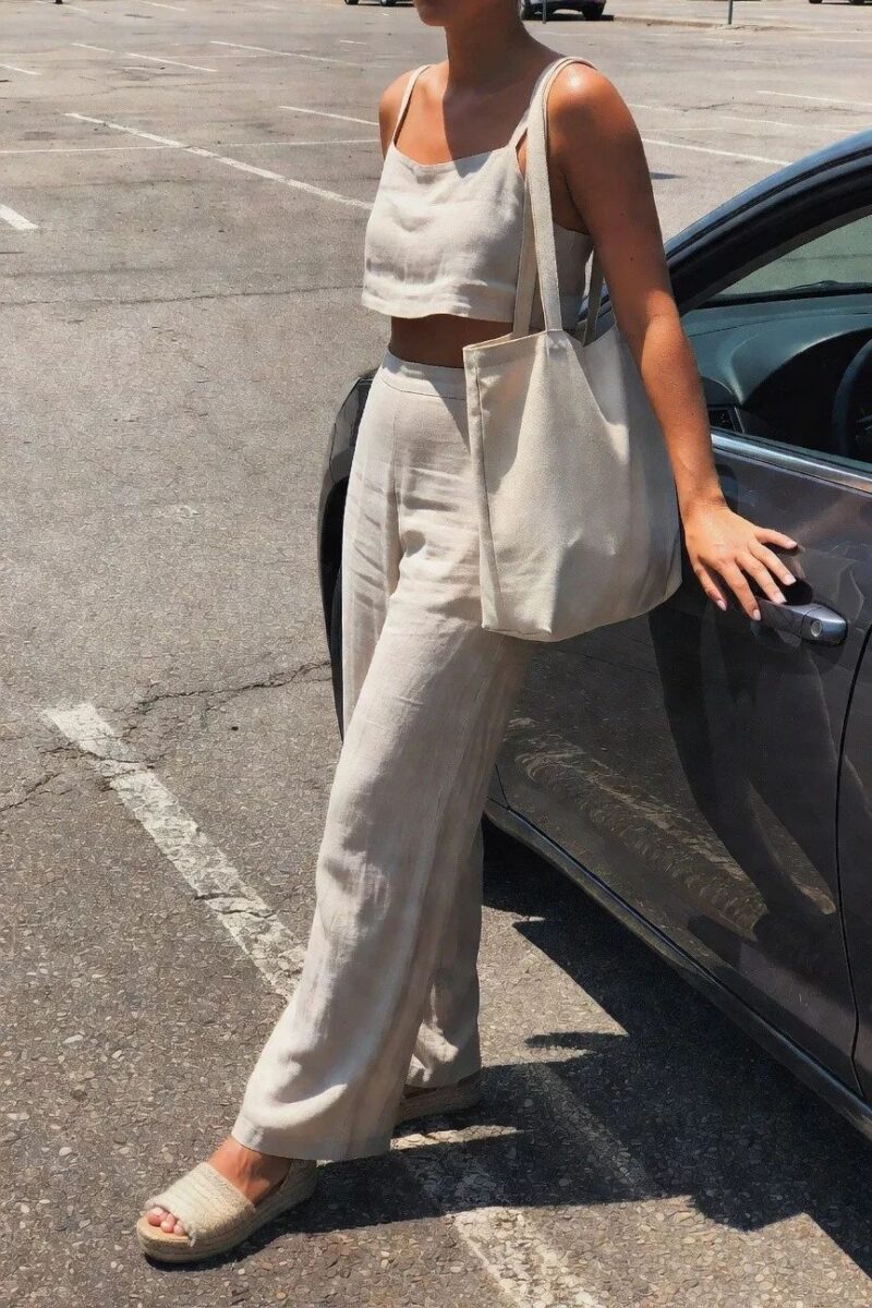 neutral linen crop top with matching wide pants