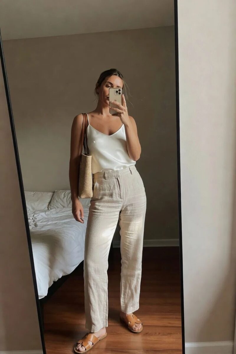 neutral linen pants with an ivory satin camisole