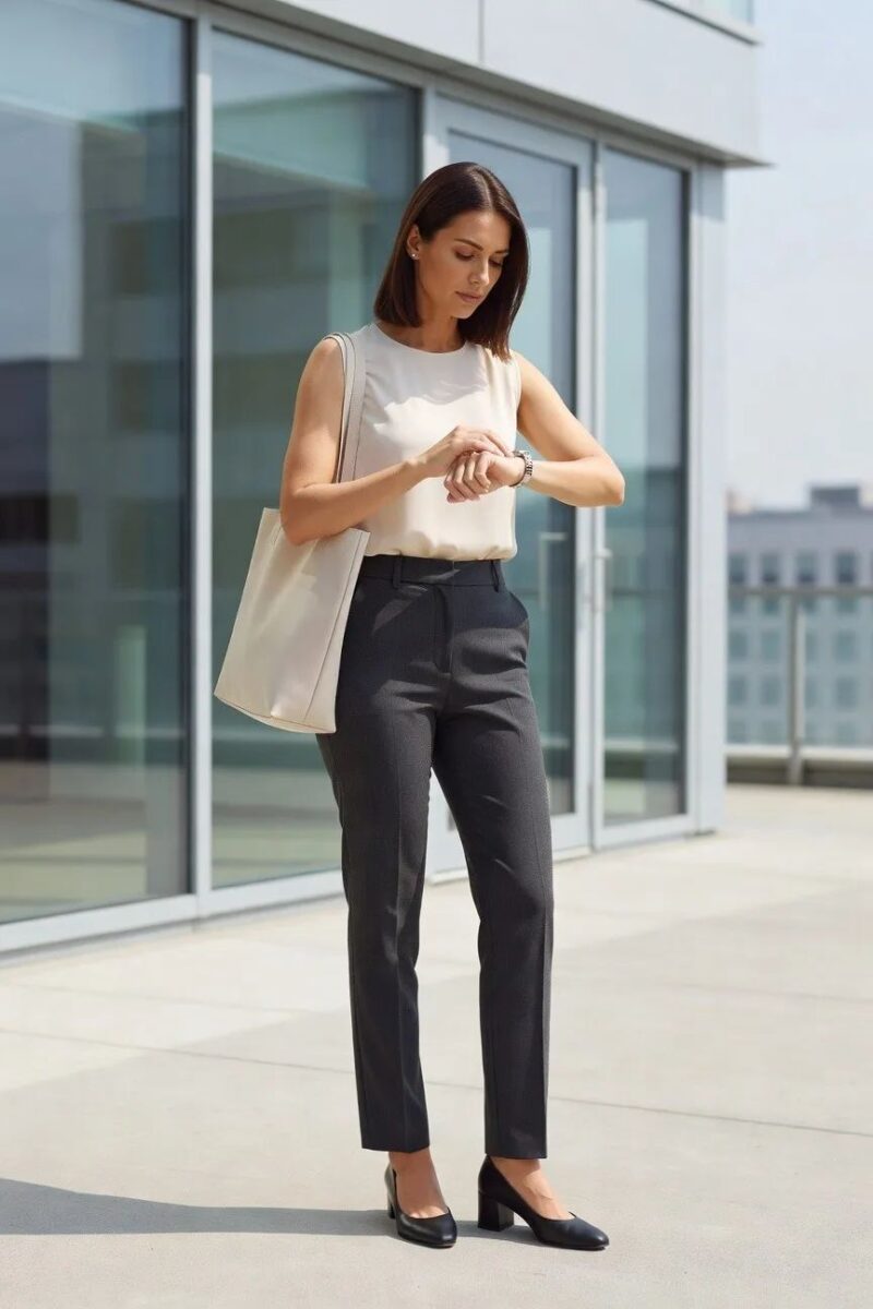 sleeveless blouse tucked into tailored trousers