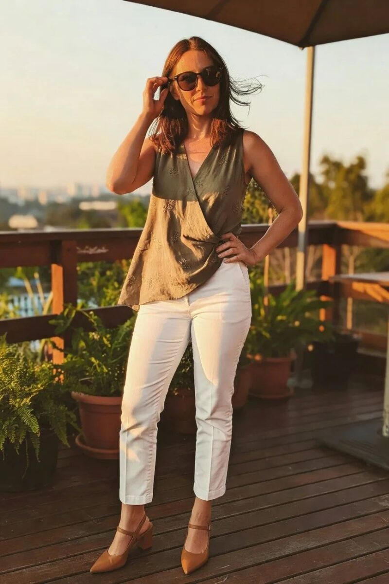 olive wrap top with crisp white pants