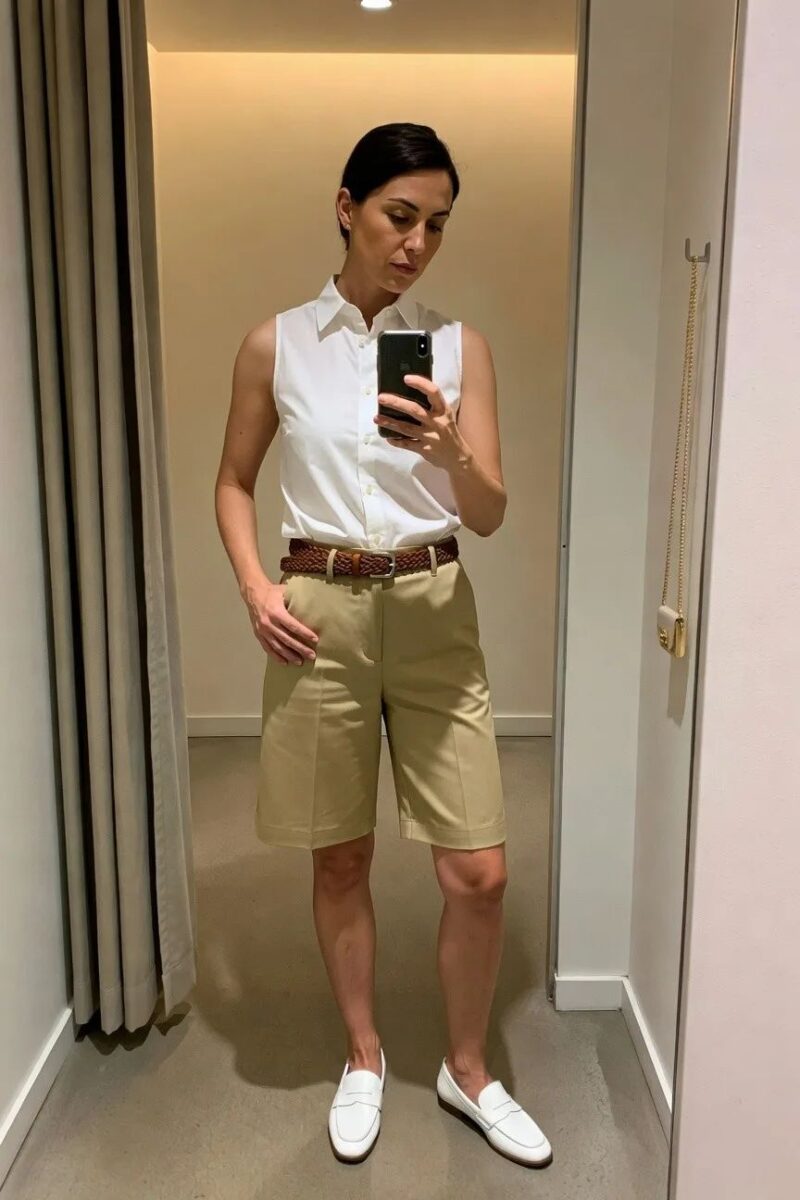 sleeveless white shirt with bermuda shorts