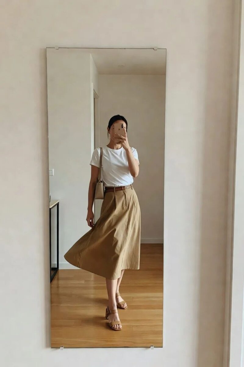 white tee tucked into a tan midi skirt