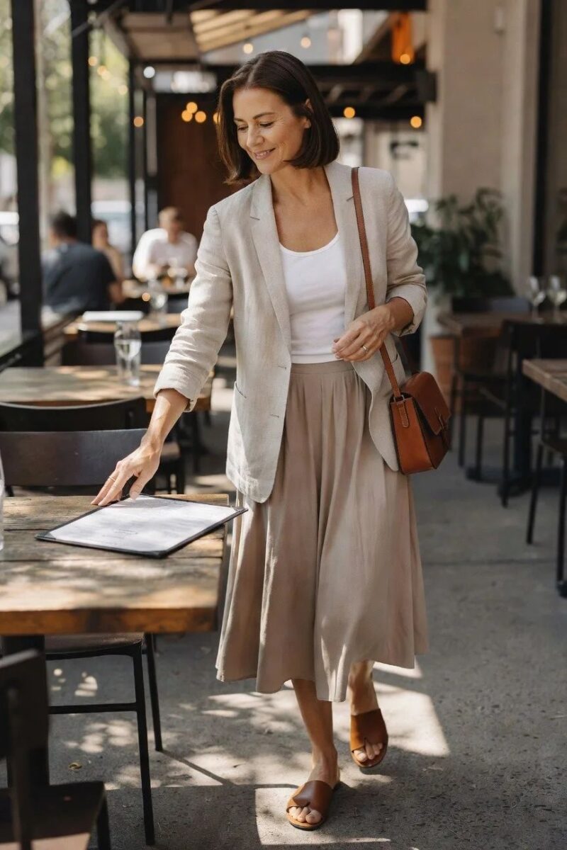 linen blazer layered over a midi skirt