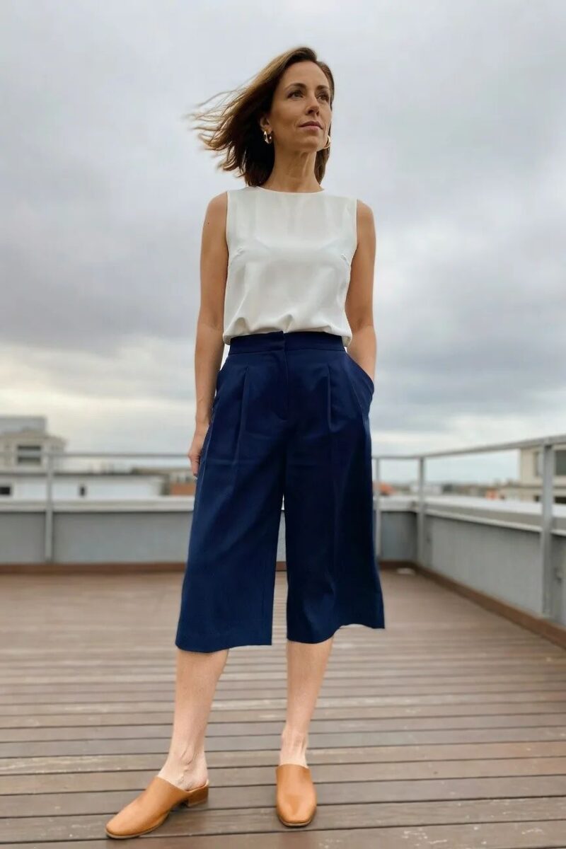 navy culottes and a draped white top