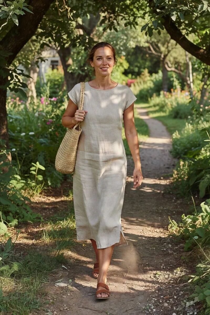 beige linen midi dress with a straw tote