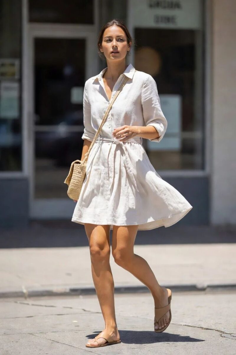 linen shirt dress with woven bag and slides