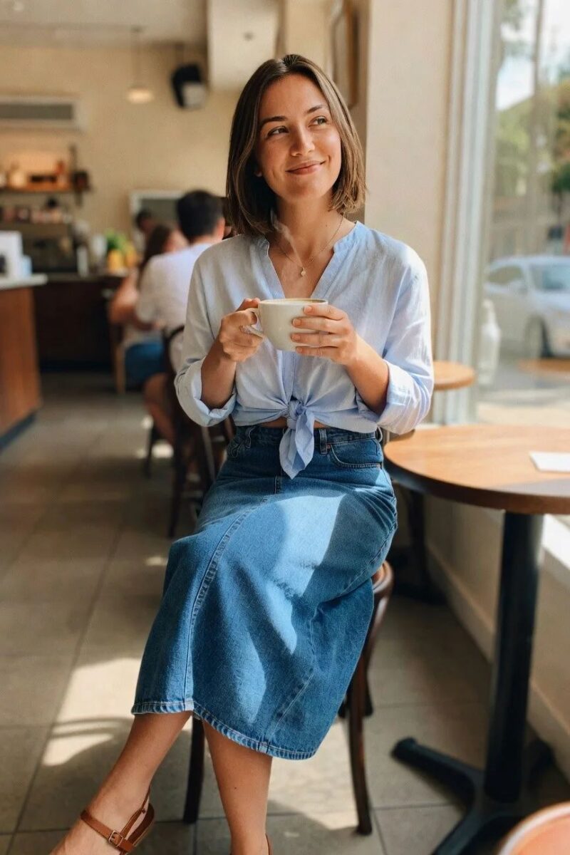 denim midi skirt with a knotted blue shirt