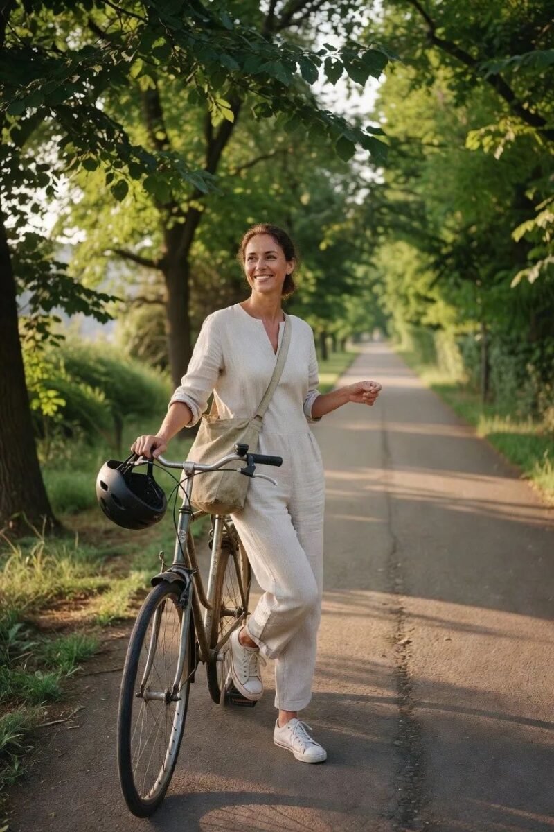 cream linen jumpsuit with sneakers