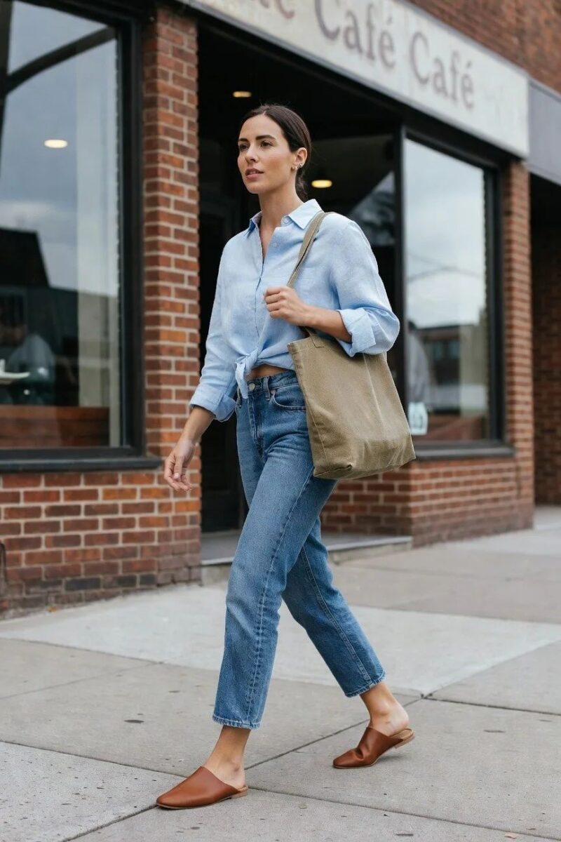 light blue shirt knotted over straight jeans