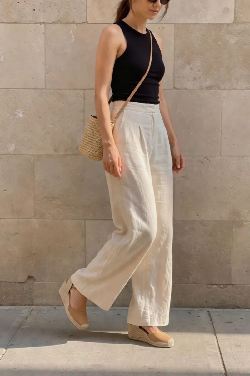 black tank and white wide-leg linen pants