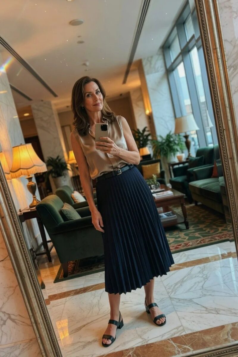 beige satin tank paired with navy pleated skirt