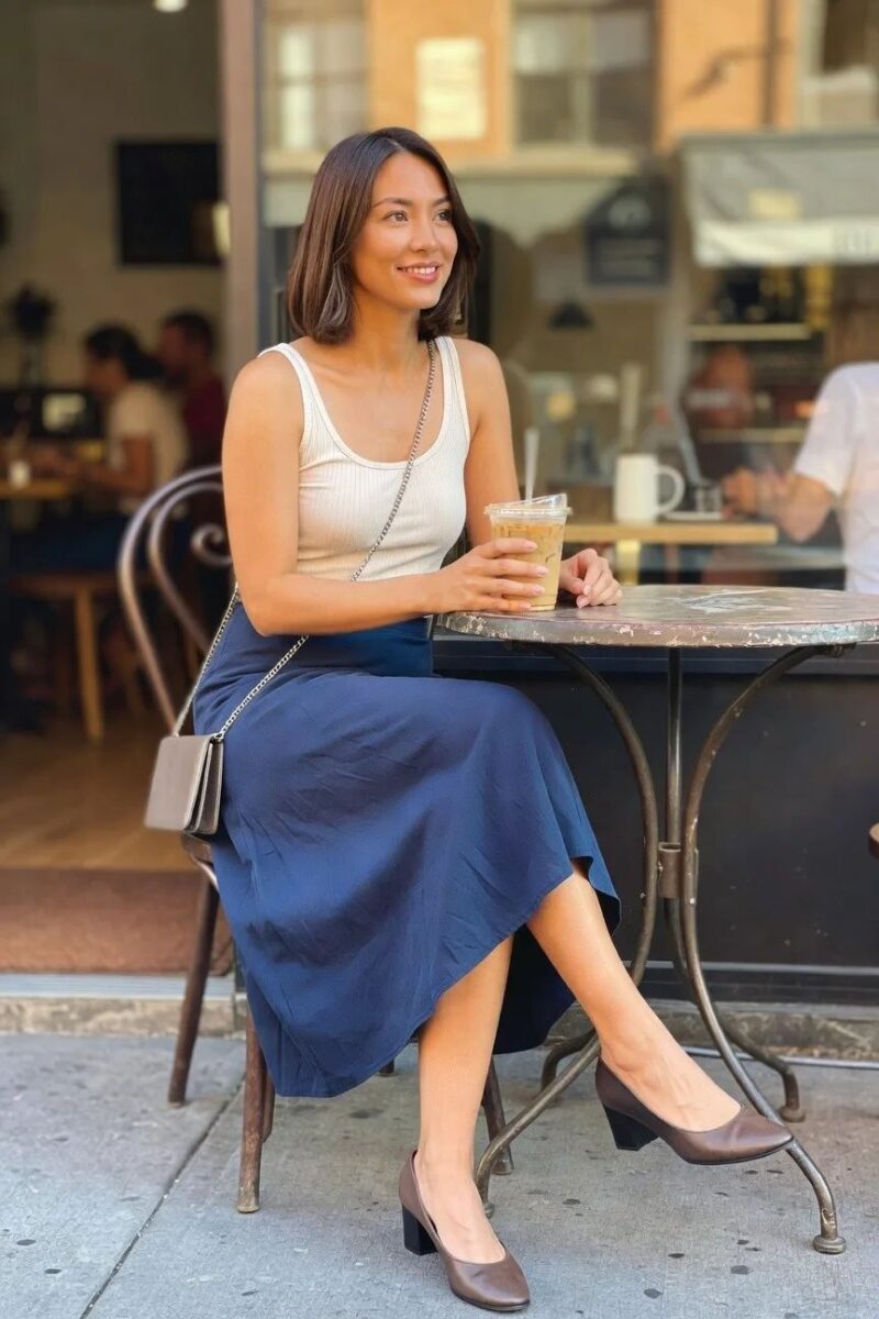 white ribbed tank with blue a-line midi skirt
